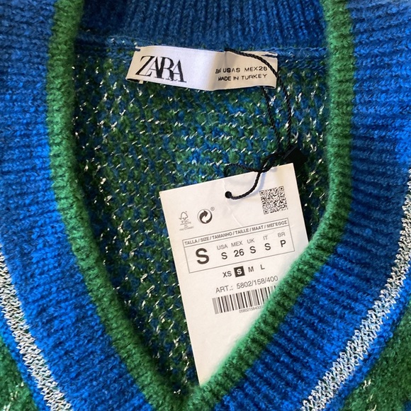 NWT Zara Metallic Thread Argyle Knit Sweater Size Small Blue/Green - Picture 6 of 6